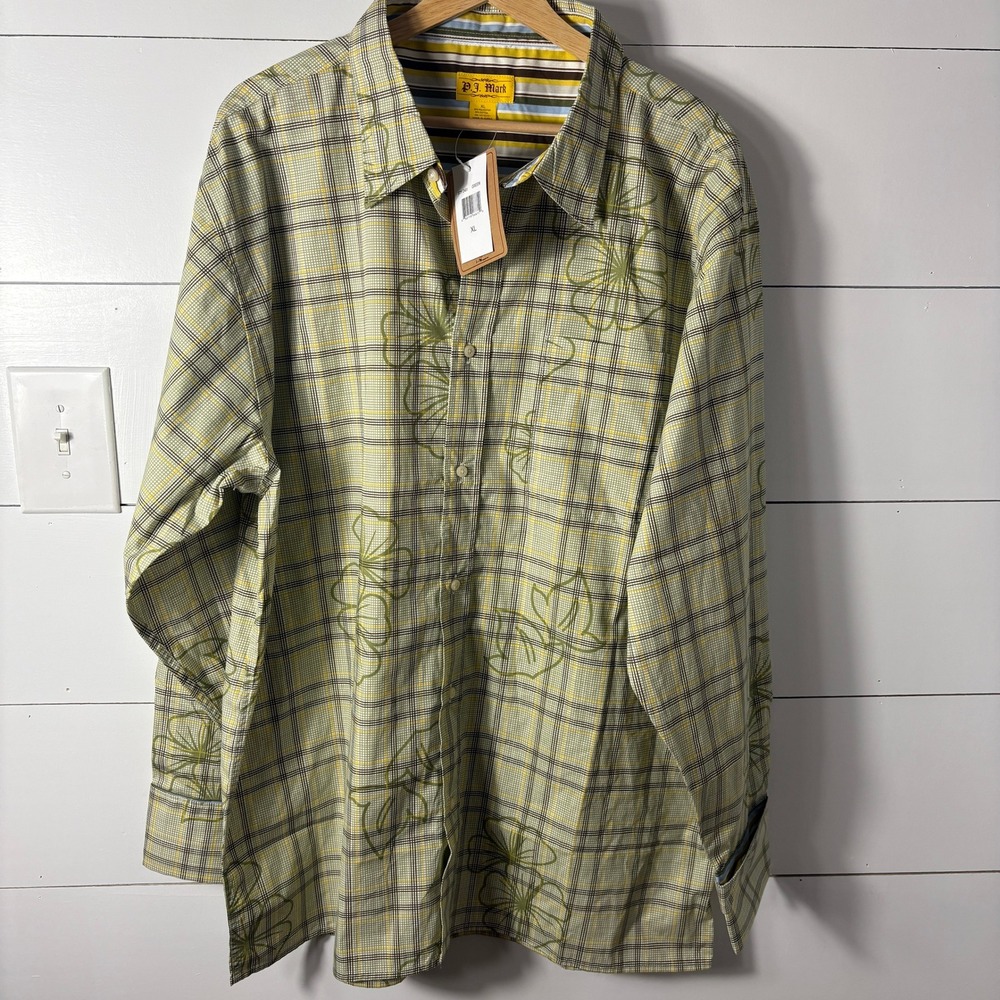 P.J. Mark XL Mens Green Plaid‎ Floral Long Sleeve Button Up Shirt NWT